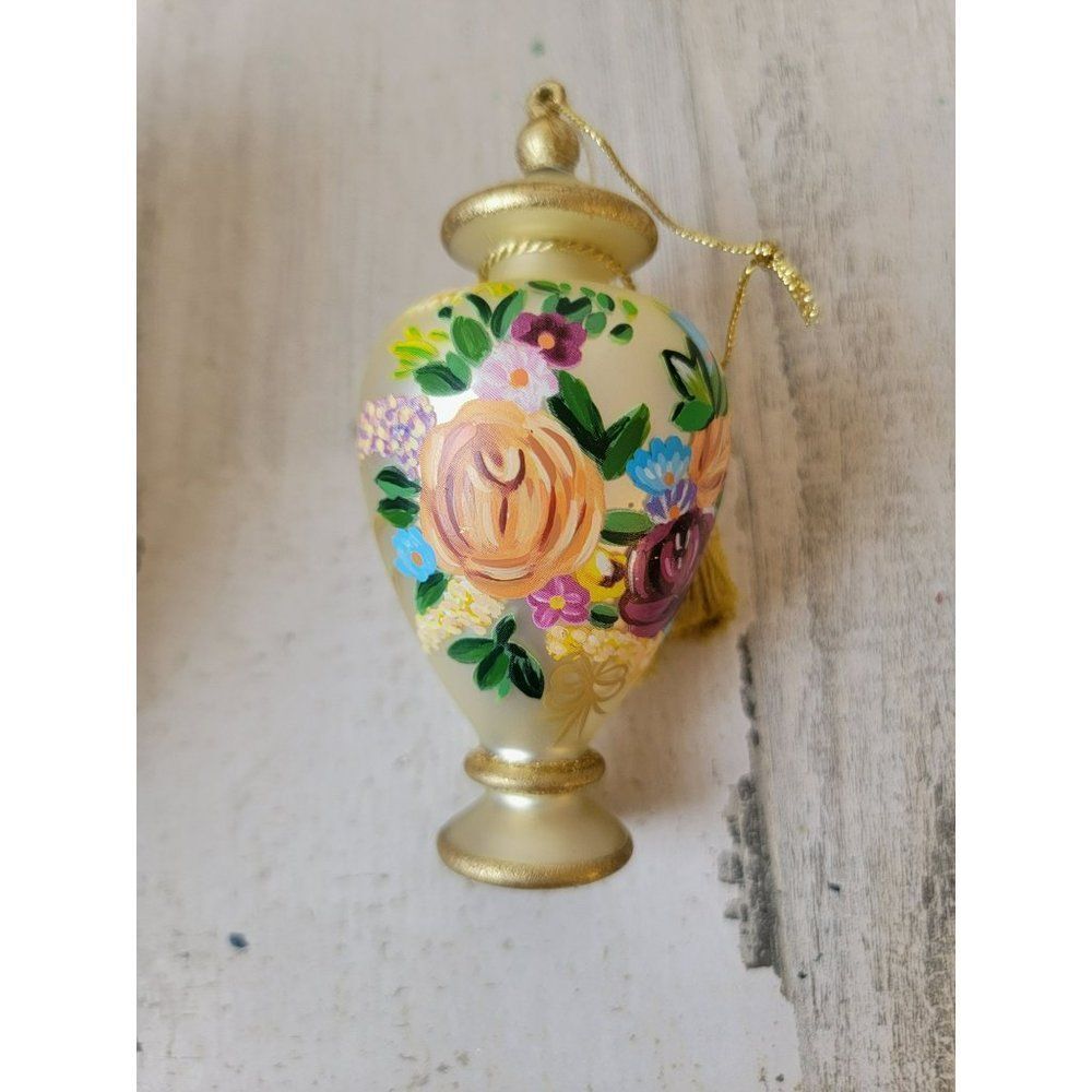 Floral vase hand-painted blown glass ornament‎ Xmas decor